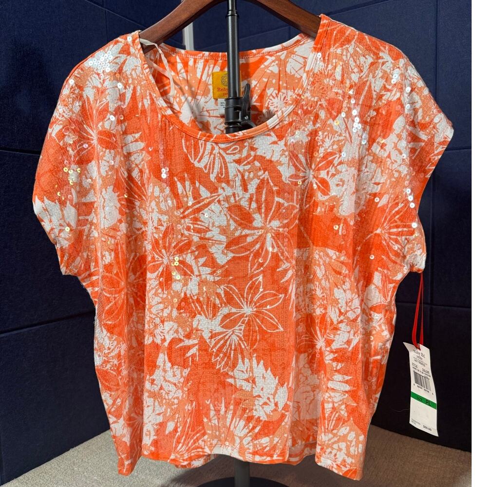 NWT Ruby Road Petite L Casual Floral Cotton Blouse Relaxed Short Sleeve Summer